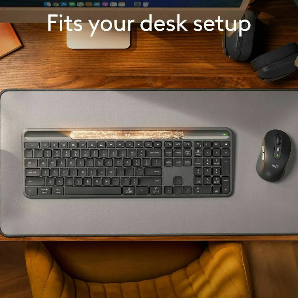 Logitech Signature Slim Solar+ wireless keyboard, solar and artificial light powered, durable battery that lasts up to 10 years, customizable keys, Bluetooth, Graphite