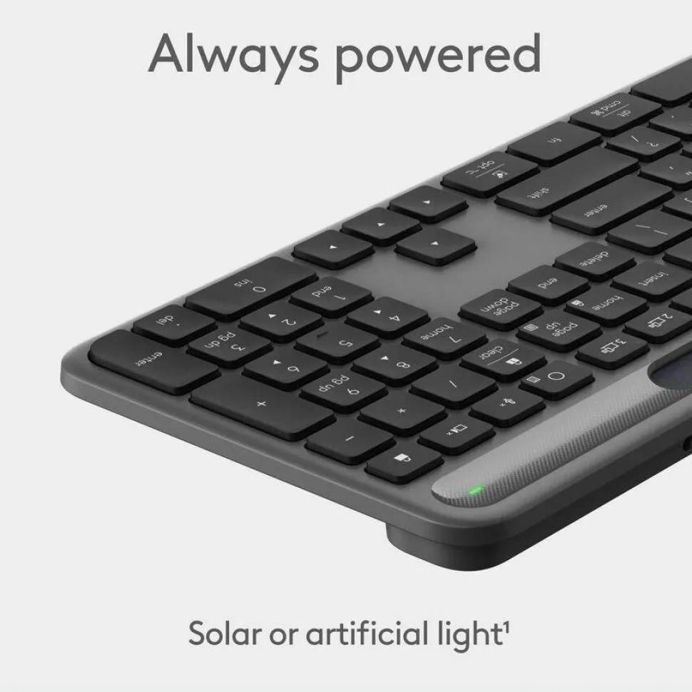 Logitech Signature Slim Solar+ wireless keyboard, solar and artificial light powered, durable battery that lasts up to 10 years, customizable keys, Bluetooth, Graphite