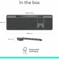 Logitech Signature Slim Solar+ wireless keyboard, solar and artificial light powered, durable battery that lasts up to 10 years, customizable keys, Bluetooth, Graphite
