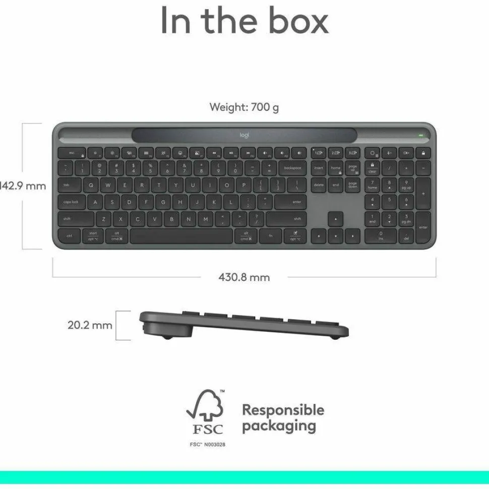 Logitech Signature Slim Solar+ wireless keyboard, solar and artificial light powered, durable battery that lasts up to 10 years, customizable keys, Bluetooth, Graphite
