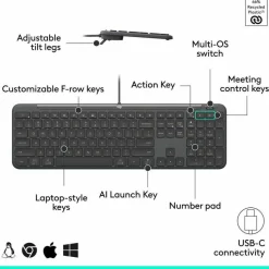 Logitech Signature Slim Wired K620 for Business, Full-Size Keyboard, USB-C Plug-and-Play, scissor keys, Graphite