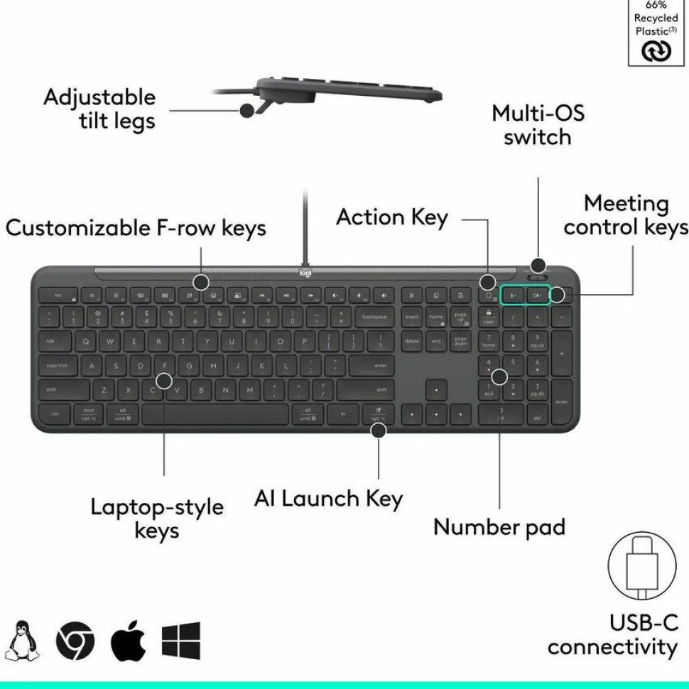 Logitech Signature Slim Wired K620 for Business, Full-Size Keyboard, USB-C Plug-and-Play, scissor keys, Graphite