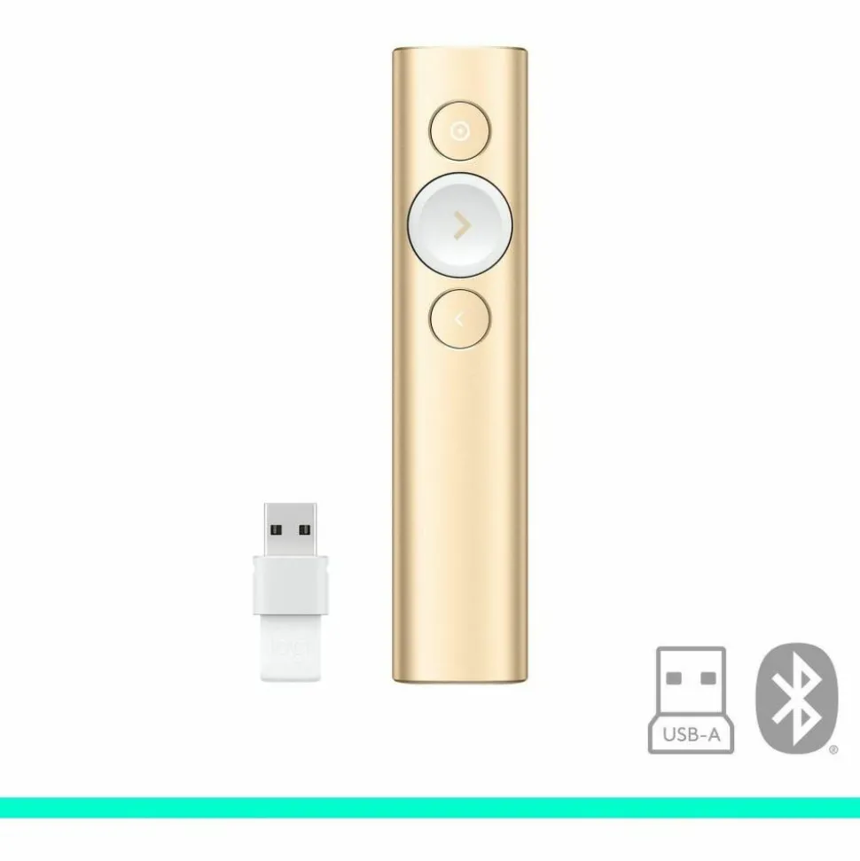 Logitech Spotlight Presentation Remote - Universal Wireless Presentation Clicker with Laser Pointer, Advanced Digital Highlighting, Bluetooth, 30 m Range and Quick Charging, Gold