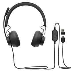 Logitech Zone 750 Wired On-Ear Headset with advanced noise-canceling microphone, simple USB-C and included USB-A adapter, plug-and-play compatibility for all devices