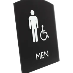 Lorell Arched Men's Handicap Restroom Sign - Print/Message "Men" - 6.8" Width x 8.5" Height - Rectangular Shape - Surface-mountable - Easy Readability, Braille - Plastic - Black - 1 Each