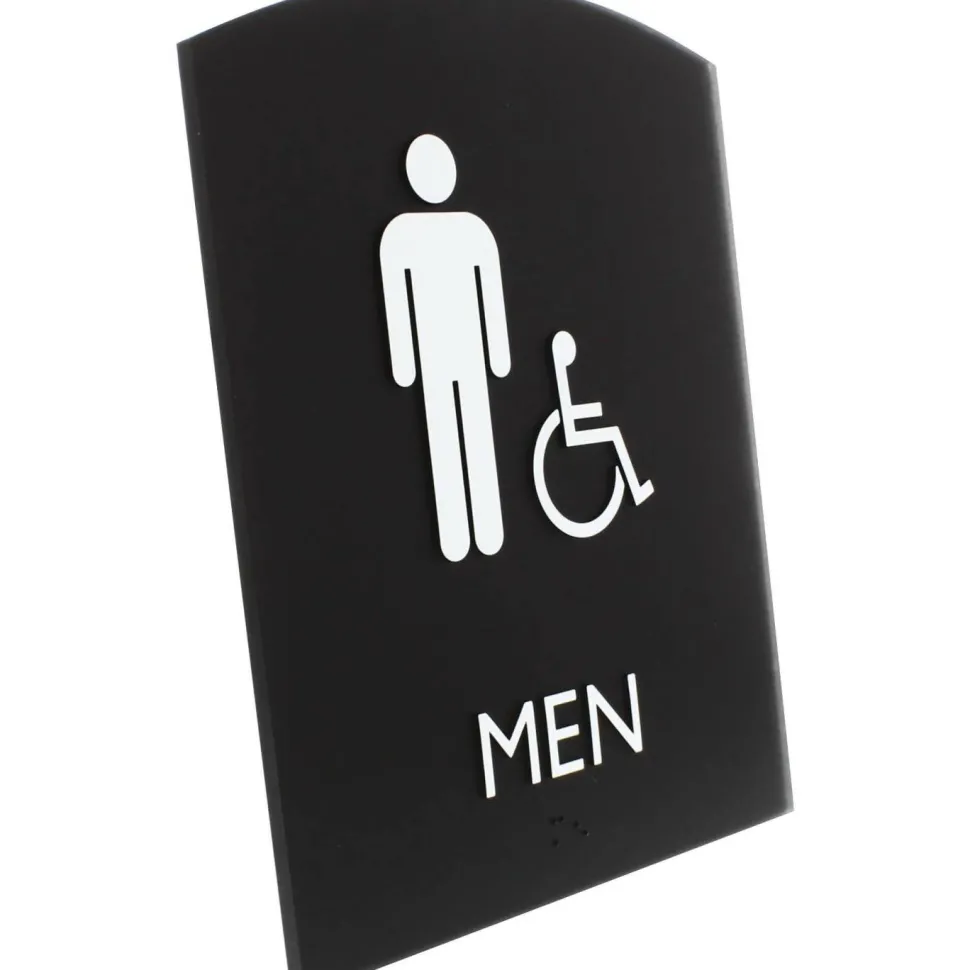 Lorell Arched Men's Handicap Restroom Sign - Print/Message "Men" - 6.8" Width x 8.5" Height - Rectangular Shape - Surface-mountable - Easy Readability, Braille - Plastic - Black - 1 Each