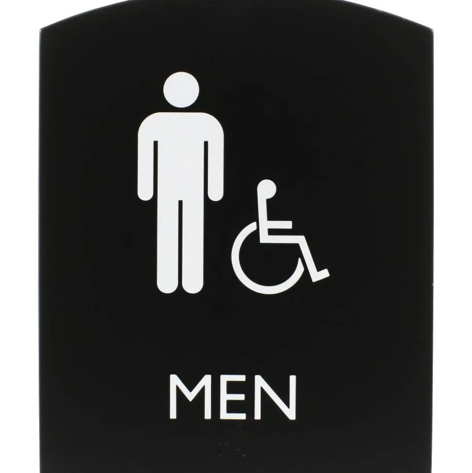 Lorell Arched Men's Handicap Restroom Sign - Print/Message "Men" - 6.8" Width x 8.5" Height - Rectangular Shape - Surface-mountable - Easy Readability, Braille - Plastic - Black - 1 Each