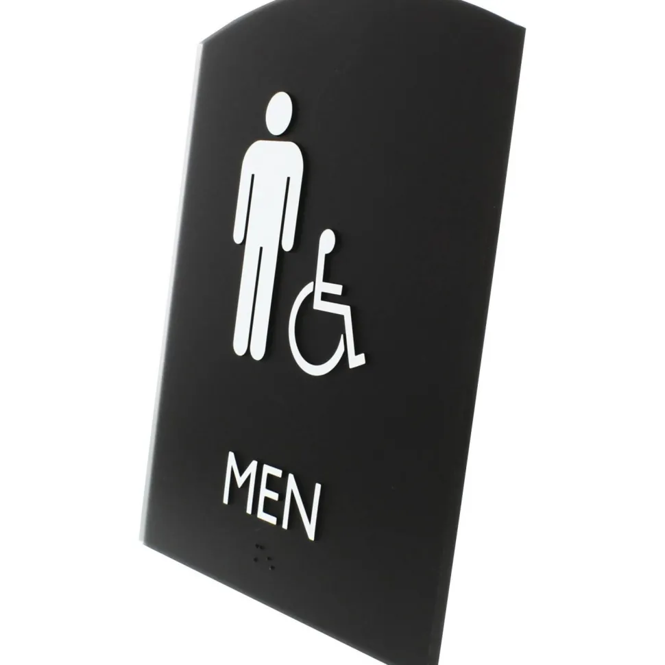 Lorell Arched Men's Handicap Restroom Sign - Print/Message "Men" - 6.8" Width x 8.5" Height - Rectangular Shape - Surface-mountable - Easy Readability, Braille - Plastic - Black - 1 Each