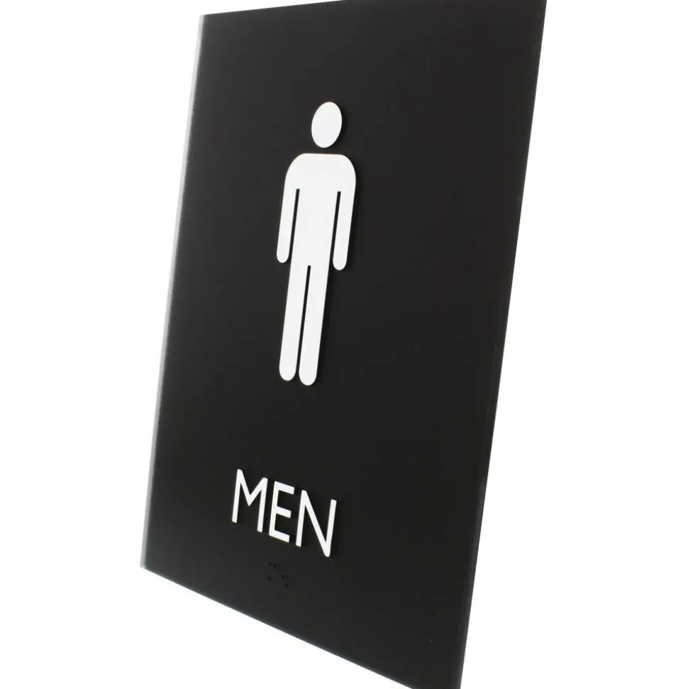Lorell Men's Restroom Sign - Print/Message "Men" - 6.4" Width x 8.5" Height - Rectangular Shape - Surface-mountable - Easy Readability, Braille - Plastic - Black - 1 Each