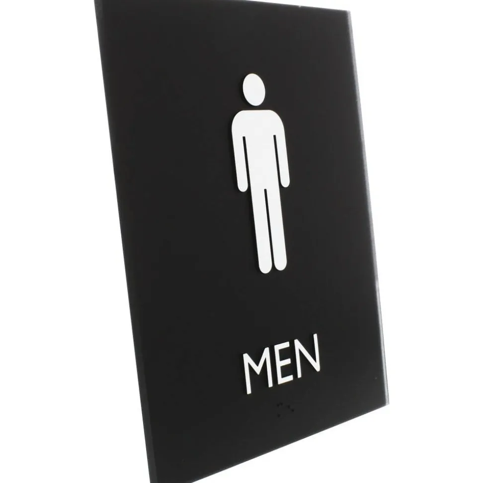 Lorell Men's Restroom Sign - Print/Message "Men" - 6.4" Width x 8.5" Height - Rectangular Shape - Surface-mountable - Easy Readability, Braille - Plastic - Black - 1 Each