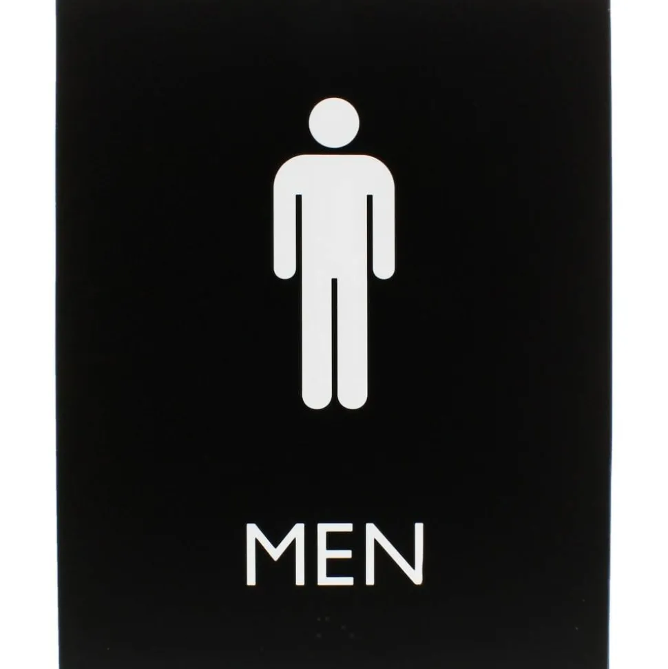 Lorell Men's Restroom Sign - Print/Message "Men" - 6.4" Width x 8.5" Height - Rectangular Shape - Surface-mountable - Easy Readability, Braille - Plastic - Black - 1 Each