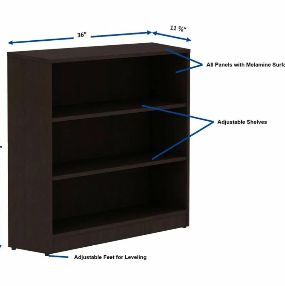 Lorell Essentials 3-Shelf Laminate Modular Shelving Bookcase,36"H x 36"W x 12"D, Espresso