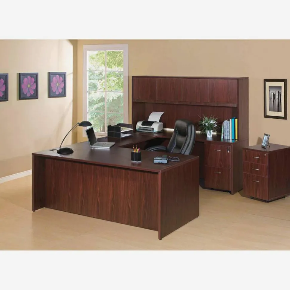 Lorell Essentials 72"W Bow-Front Shell Computer Desk, Mahogany