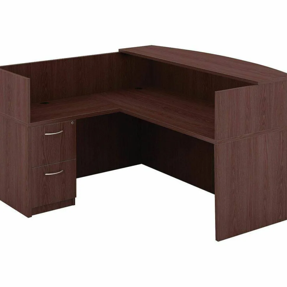 Lorell Essentials 72"W Bow-Front Shell Computer Desk, Mahogany