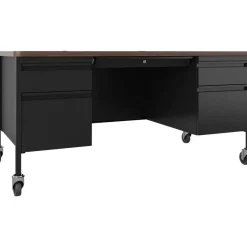 Lorell Fortress 60"W Double-Pedestal Mobile Teacher's Computer Desk, Black/Walnut