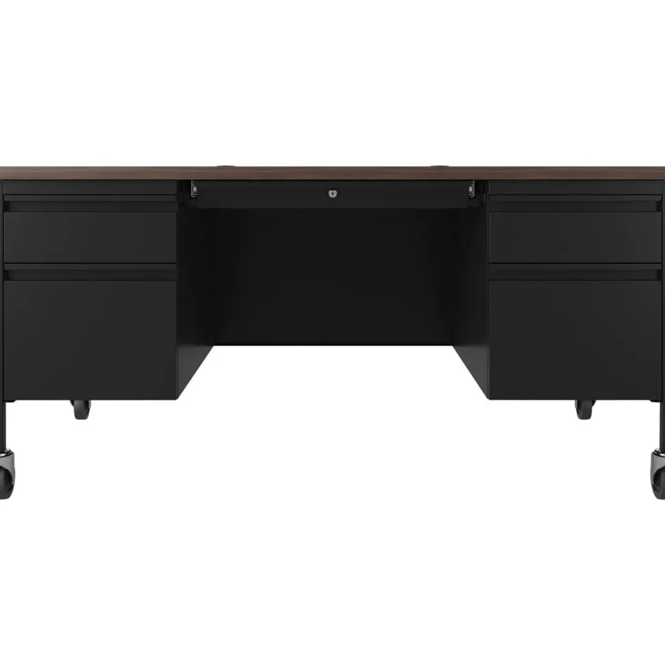 Lorell Fortress 60"W Double-Pedestal Mobile Teacher's Computer Desk, Black/Walnut