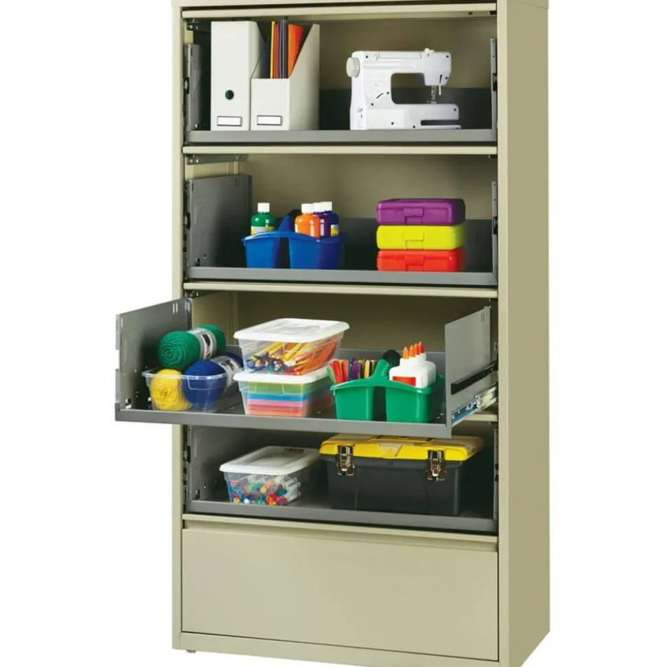 Lorell Fortress 36"W x 18-5/8"D Lateral 5-Drawer File Cabinet With Roll-Out Shelves, Putty