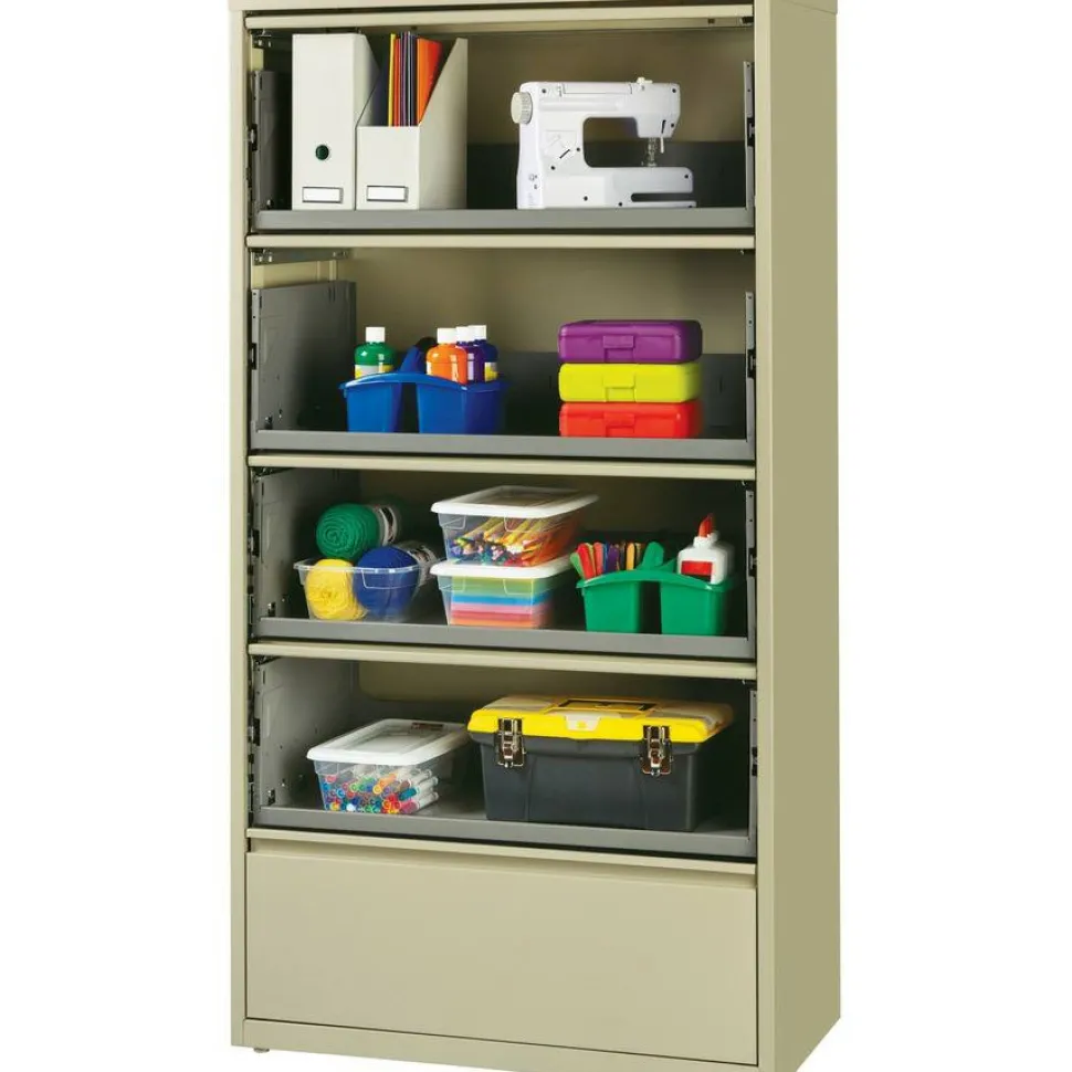 Lorell Fortress 36"W x 18-5/8"D Lateral 5-Drawer File Cabinet With Roll-Out Shelves, Putty