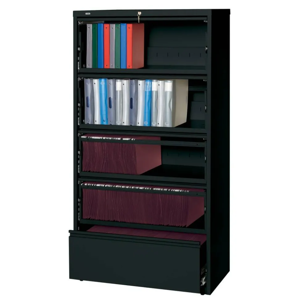 Lorell Fortress 36"W x 18-5/8"D Lateral 5-Drawer File Cabinet With Roll-Out Shelves, Black