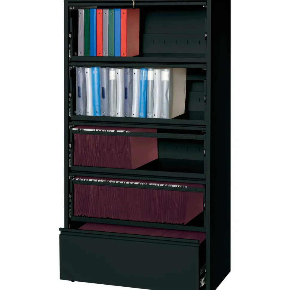 Lorell Fortress 36"W x 18-5/8"D Lateral 5-Drawer File Cabinet With Roll-Out Shelves, Black