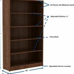 Lorell 60"H 5-Shelf Bookcase, Walnut