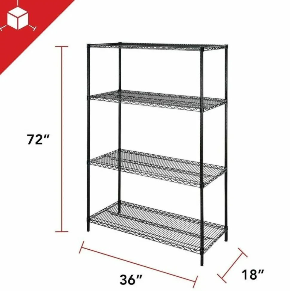 Lorell Industrial Wire Shelving Starter Unit, 36"W x 18"D, Black