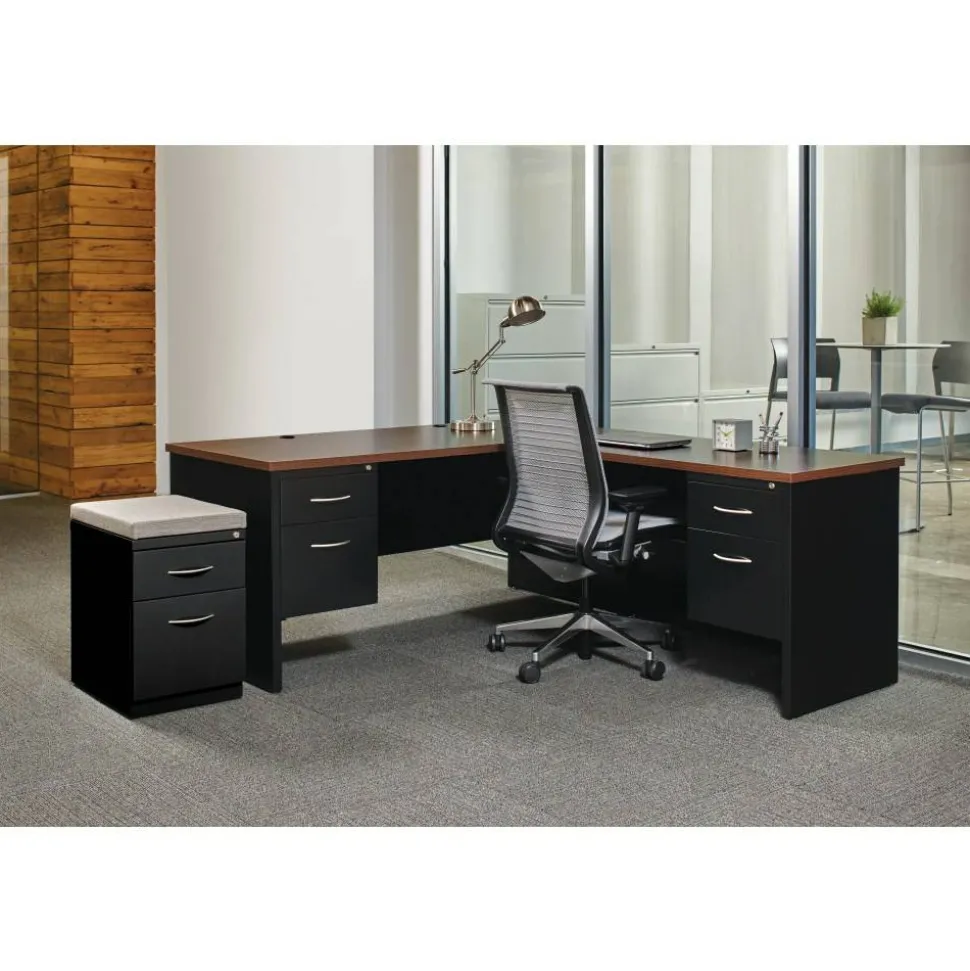 Lorell Modular 48"W x 30"D Right Pedestal Desk, Black/Walnut