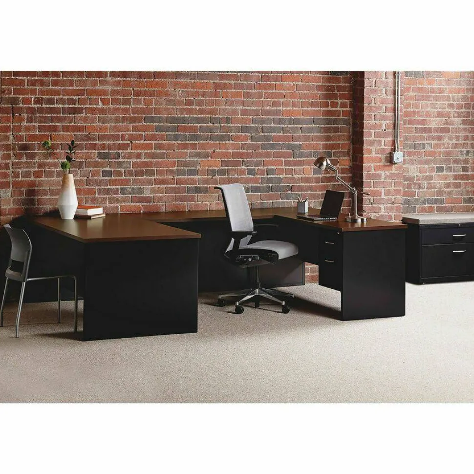 Lorell Modular 48"W x 30"D Right Pedestal Desk, Black/Walnut