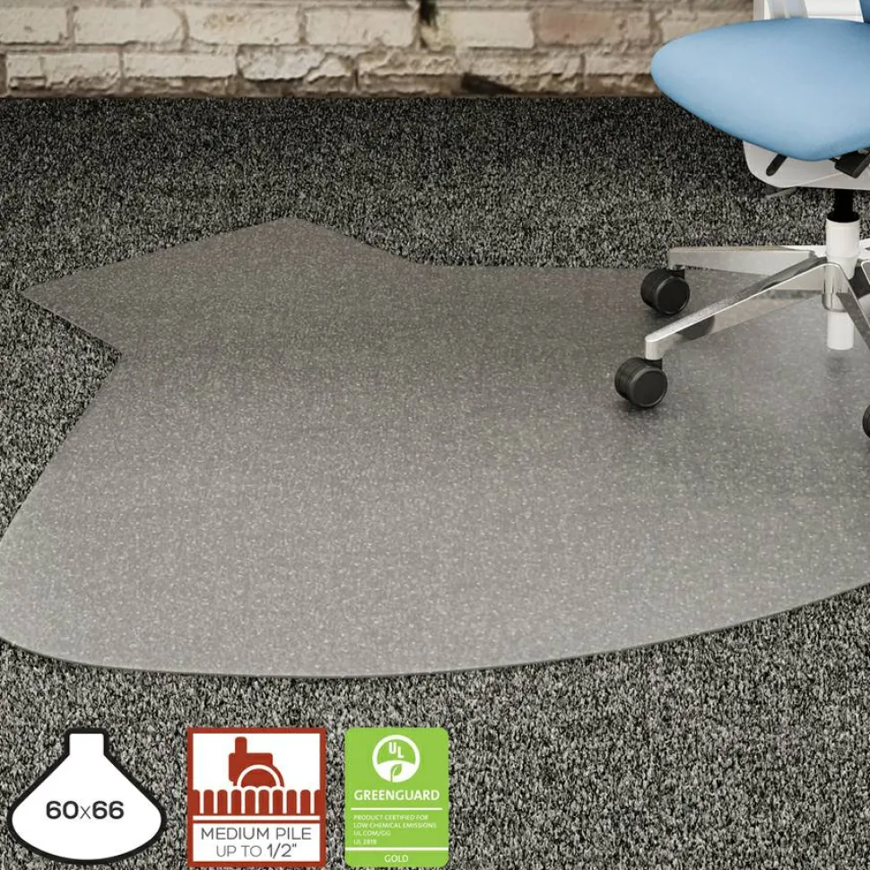 Lorell PlushMat Medium Pile Studded Chair Mat, For L-Workstation With Lip, 60 "x 66", Clear