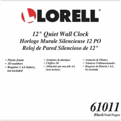 Lorell 12" Round Quiet Wall Clock - Analog - Quartz - Black Case