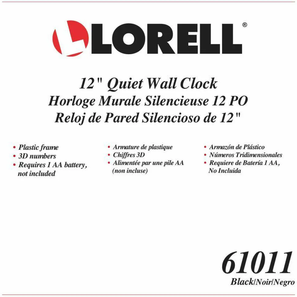 Lorell 12" Round Quiet Wall Clock - Analog - Quartz - Black Case
