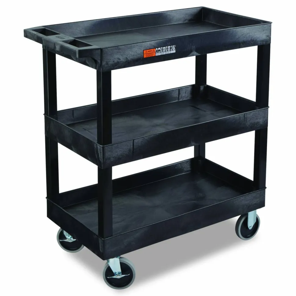 Luxor TUFFY XL Three-Shelf Heavy-Duty Multipurpose Utility Cart, Plastic, 375 lb Capacity, 35.25" x 18" x 37.25", Black