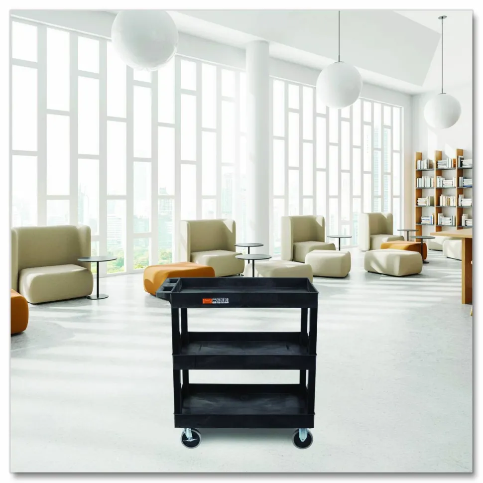 Luxor TUFFY XL Three-Shelf Heavy-Duty Multipurpose Utility Cart, Plastic, 375 lb Capacity, 35.25" x 18" x 37.25", Black