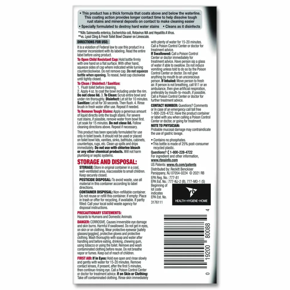LYSOL Brand Disinfectant Toilet Bowl Cleaner w/Lime/Rust Remover, Atlantic Fresh Scent, 24 oz Angle-Neck Bottle, 9/Carton