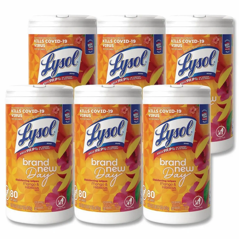 LYSOL Brand Disinfecting Wipes, 1-Ply, 7 x 7.25, Mango and Hibiscus, White, 80 Wipes/Canister, 6 Canisters/Carton