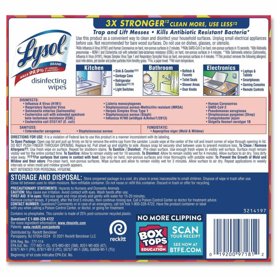 LYSOL Brand Disinfecting Wipes, 1-Ply, 7 x 7.25, Mango and Hibiscus, White, 80 Wipes/Canister, 6 Canisters/Carton