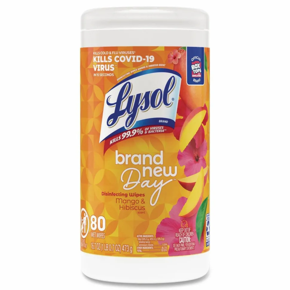 LYSOL Brand Disinfecting Wipes, 1-Ply, 7 x 7.25, Mango and Hibiscus, White, 80 Wipes/Canister, 6 Canisters/Carton