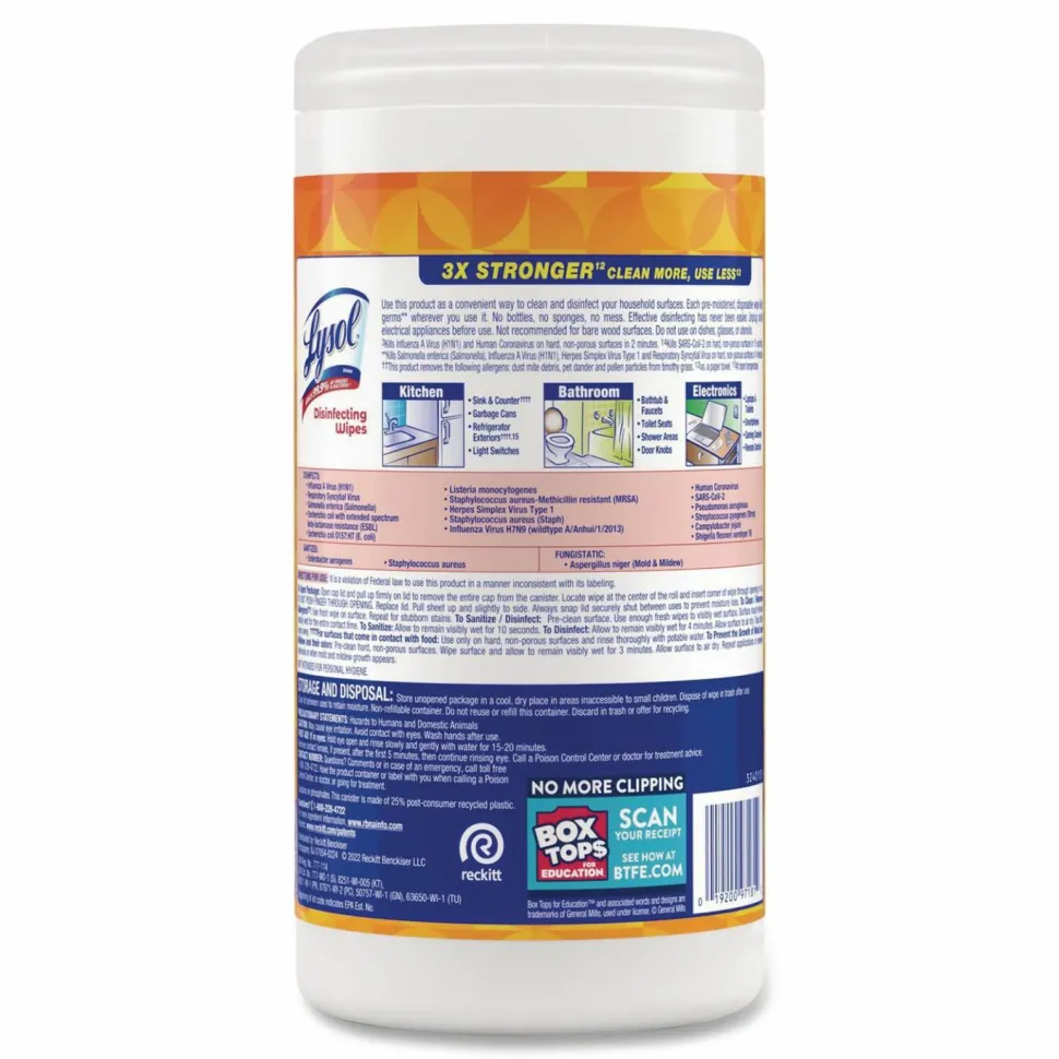 LYSOL Brand Disinfecting Wipes, 1-Ply, 7 x 7.25, Mango and Hibiscus, White, 80 Wipes/Canister, 6 Canisters/Carton