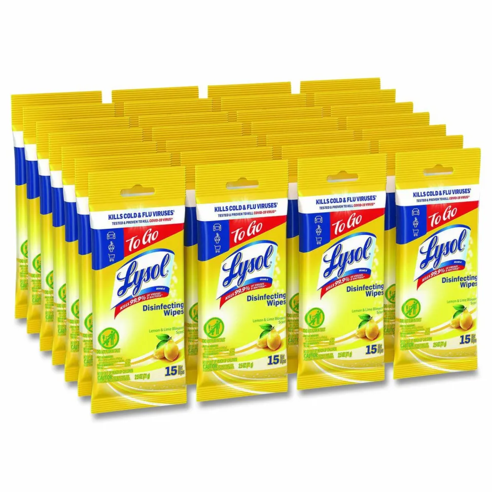 LYSOL Brand Disinfecting Wipes Flatpacks, 1-Ply, 6.69 x 7.87, Lemon and Lime Blossom, White, 15 Wipes/Flat Pack, 24 Flat Packs/Carton