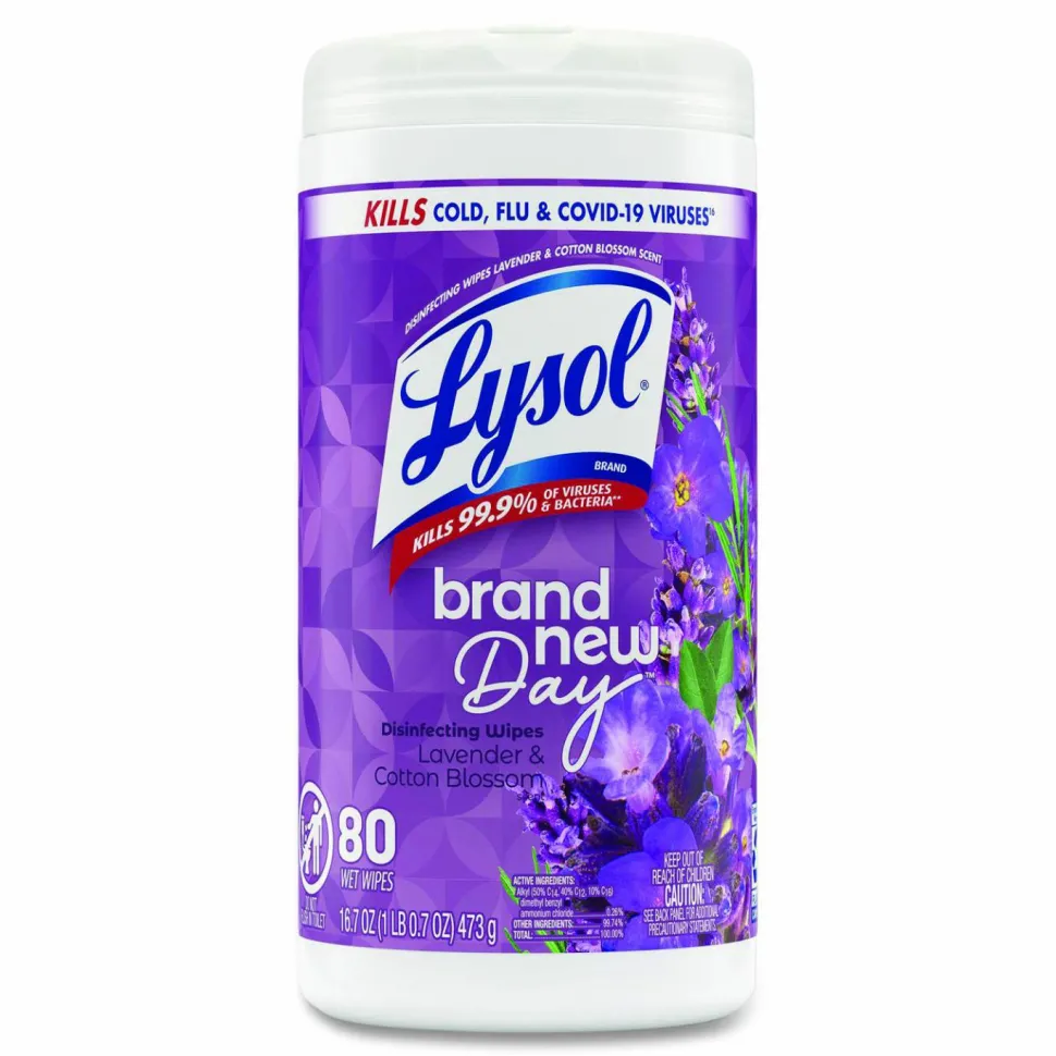 LYSOL Brand Disinfecting Wipes, 1-Ply, 7 x 7.25, Lavender and Cotton Blossom, White, 80 Wipes/Canister