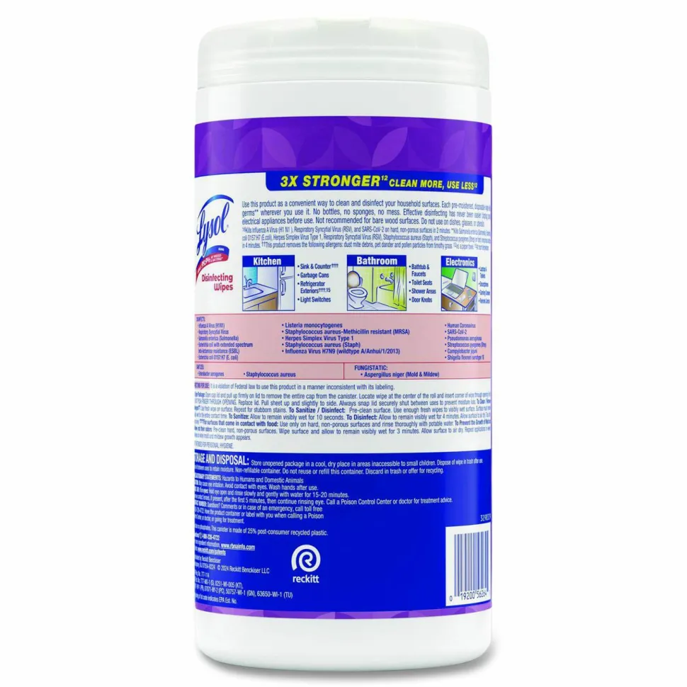 LYSOL Brand Disinfecting Wipes, 1-Ply, 7 x 7.25, Lavender and Cotton Blossom, White, 80 Wipes/Canister
