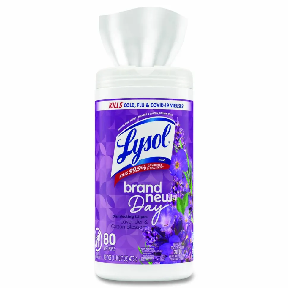 LYSOL Brand Disinfecting Wipes, 1-Ply, 7 x 7.25, Lavender and Cotton Blossom, White, 80 Wipes/Canister