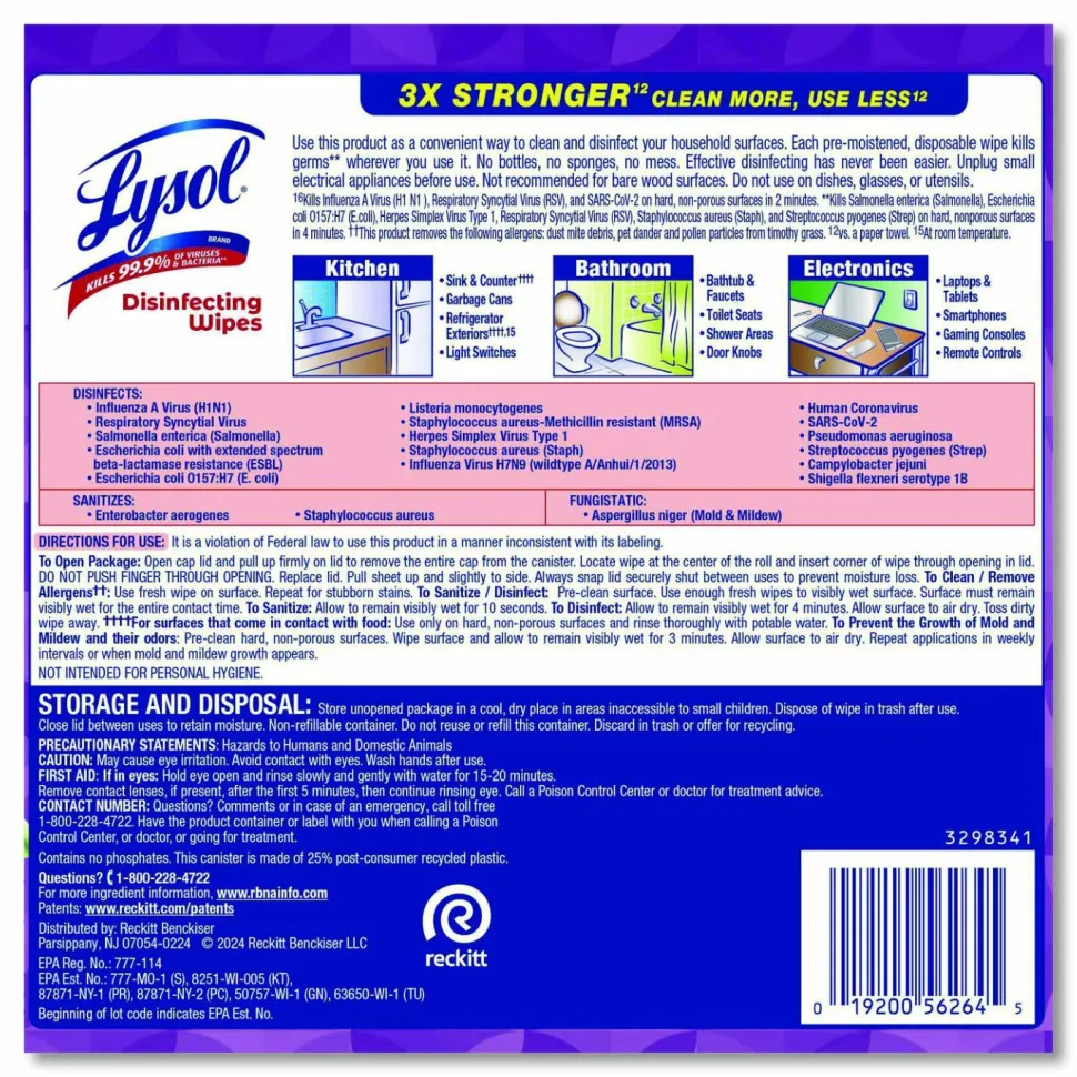 LYSOL Brand Disinfecting Wipes, 1-Ply, 7 x 7.25, Lavender and Cotton Blossom, White, 80 Wipes/Canister