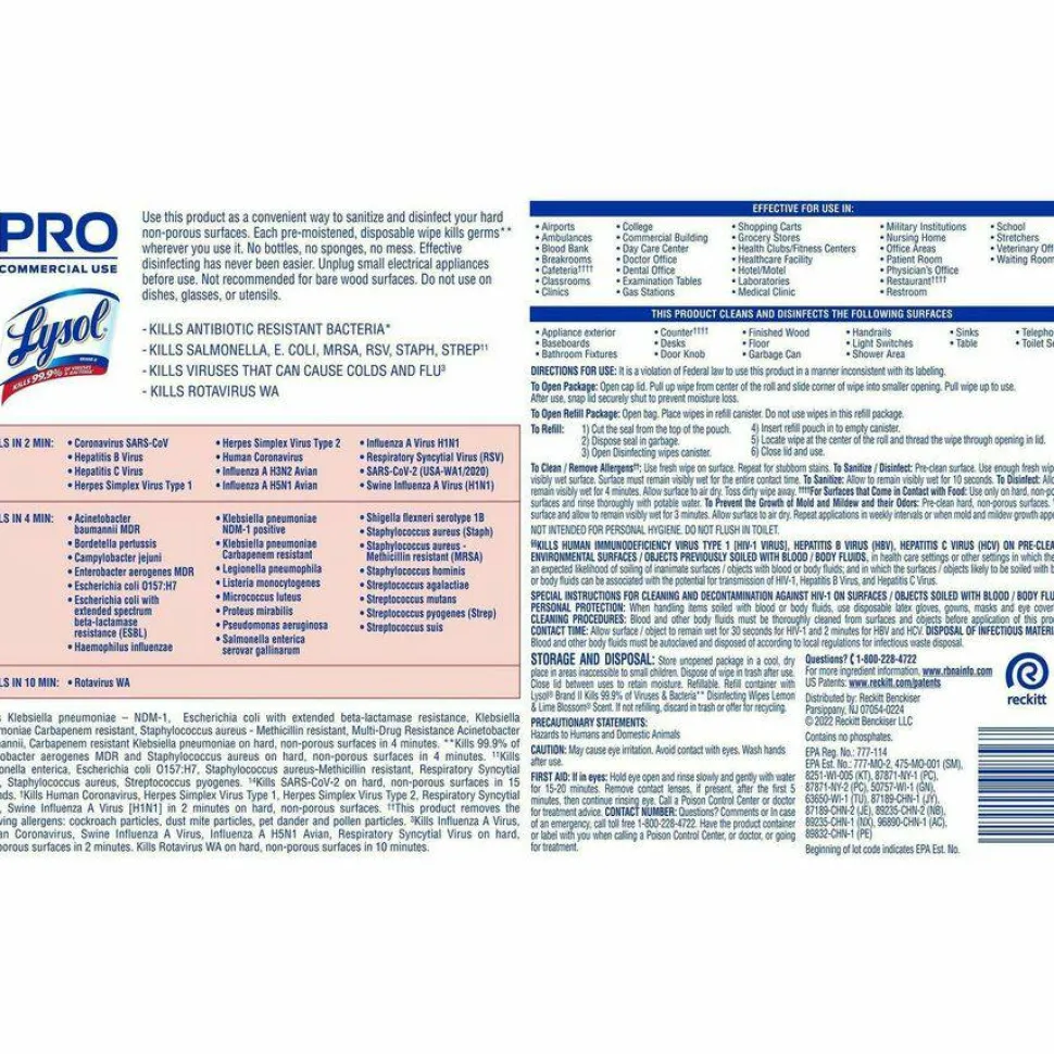 LYSOL Brand Professional Disinfecting Wipe Bucket, 1-Ply, 6 x 8, Lemon and Lime Blossom, White, 800 Wipes