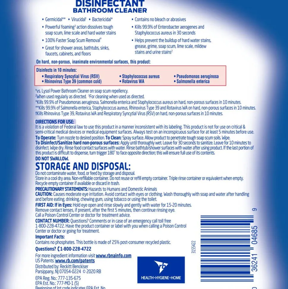 Lysol Disinfectant Bathroom Cleaner, 32 oz Spray Bottle, 12/Carton