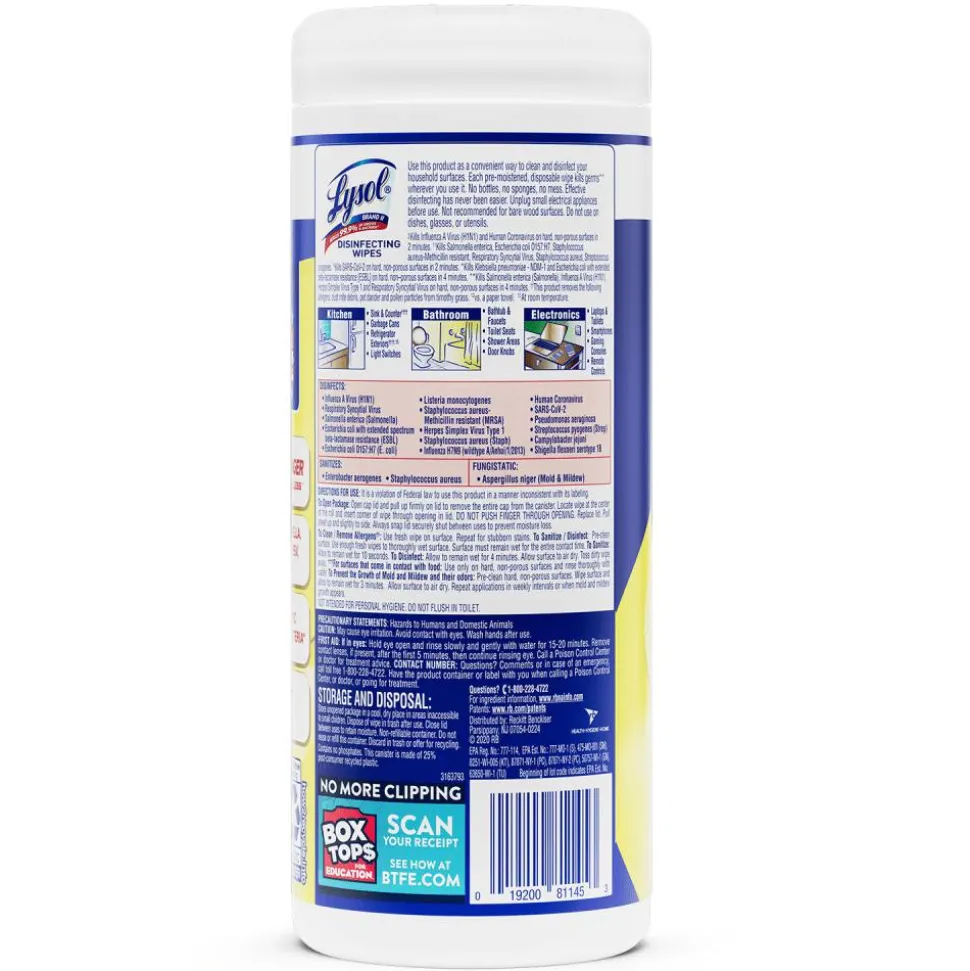 Lysol Disinfecting Wipes, Lemon & Lime Blossom Scent, Tub Of 35