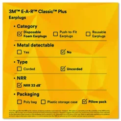 3M E-A-RClassic Plus Earplugs, 33 dB NRR, Large, Yellow Cylindrical Plugs, 200 Pairs/Box