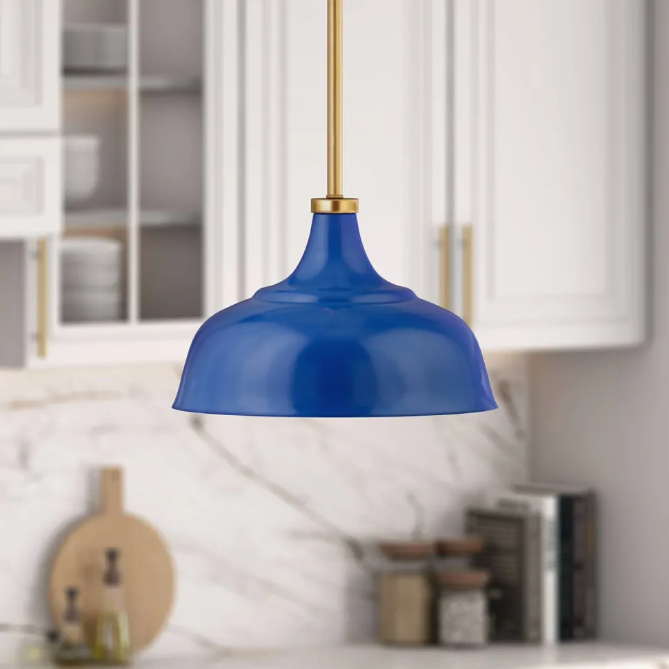Mackenzie 10.75" Wide Pendant with Metal Shade in Blue/Brass/Blue