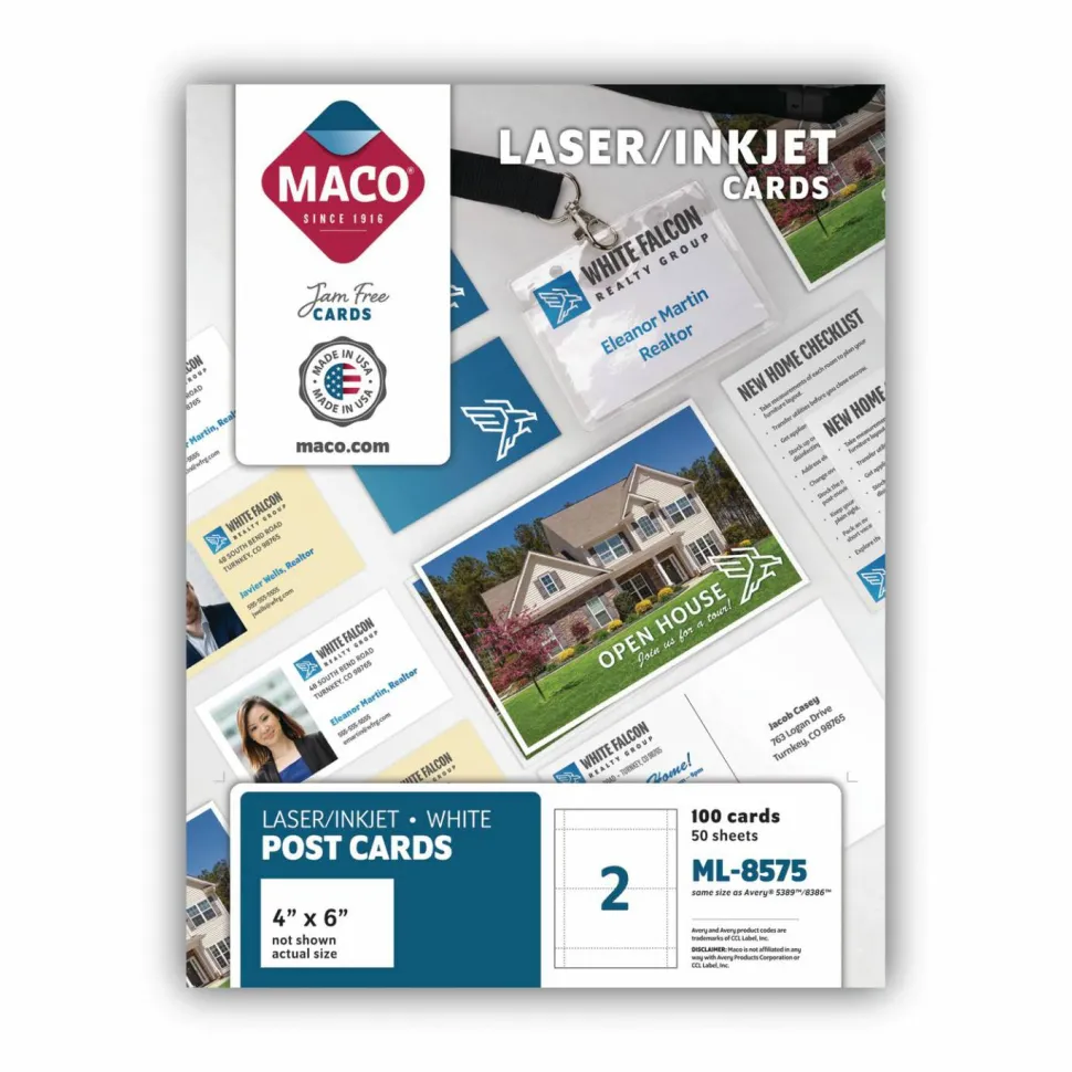 MACO Unruled Microperforated Laser/Inkjet Post Cards, 4 x 6, White, 100 Cards, 2 Cards/Sheet, 50 Sheets/Box