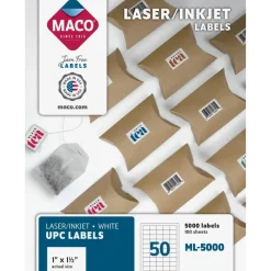 MACO UPC Permanent Labels, MACML5000, Rectangle, 1"W x 1 1/2"L, White, 50 Per Sheet, Box Of 5,000